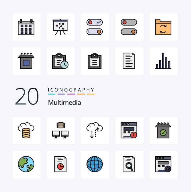 Paquete de 20 iconos de color relleno de línea multimedia como producto de configuración de tráfico terrestre de geografía