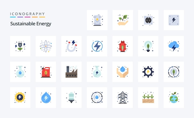 Paquete de 25 iconos de color plano de energía sostenible