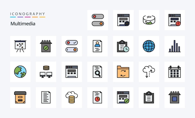 Paquete de 25 iconos de estilo de relleno de línea multimedia