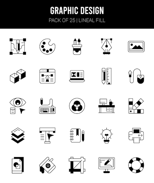 Paquete de 25 iconos de relleno lineal de diseño gráfico ilustración vectorial