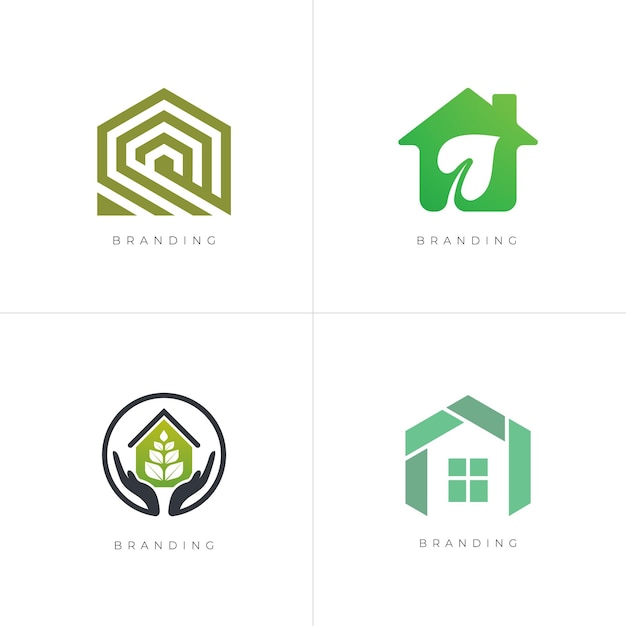 Paquete 4 en 1 - Conjunto de logotipos de vectores de inicio - Casa verde