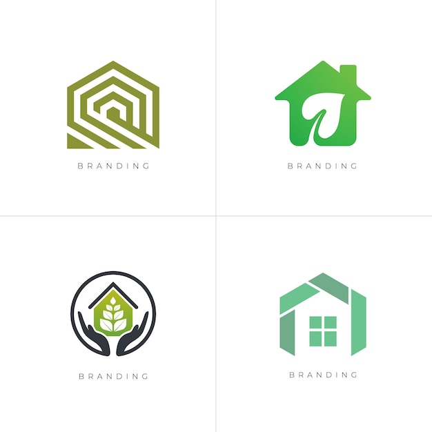 Paquete 4 en 1 - conjunto de logotipos de vectores de inicio - casa verde