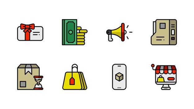 Paquete de 8 iconos de contorno de color de comercio electrónico