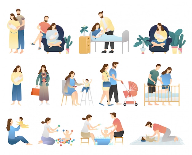 paquete de actividades familiares. realizando actividades diarias, cuidando al hombre del bebé recién nacido, bebé sano, recién nacido, escenas de maternidad, familia feliz y maternidad feliz.