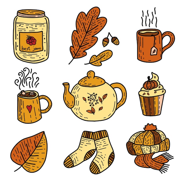 Paquete de álbumes de recortes de otoño acogedores íconos o pegatinas de otoño con tazas, tazas, hervidores, pasteles y hojas