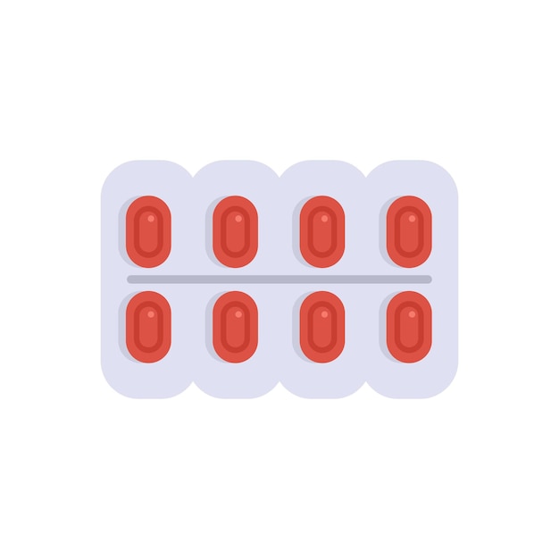 El paquete de ampollas que contiene pastillas de forma ovalada roja está sobre un fondo blanco