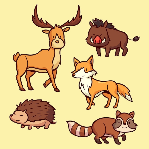 Paquete de animales del bosque otoñal dibujado a mano