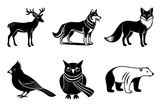 El paquete de animales de vacaciones con el reno, el búho, el zorro, el perro de trineo, el cardenal y el oso polar.