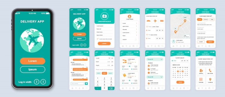 Vector paquete de aplicación móvil de entrega de pantallas ui, ux, gui para la aplicación