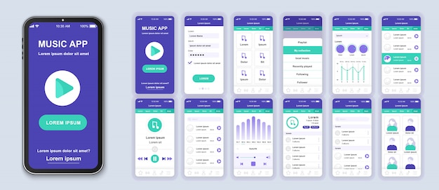 Paquete de aplicaciones móviles de música de pantallas UI, UX, GUI para aplicaciones