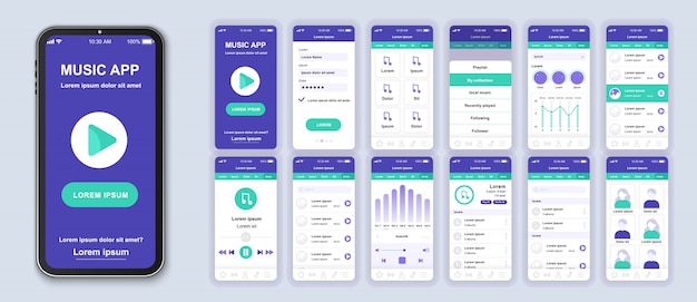 Paquete de aplicaciones móviles de música de pantallas ui, ux, gui para aplicaciones