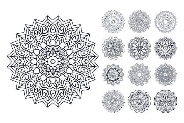 Paquete de arte de línea Mandala. Vector de página para colorear Mandala. Patrón de mandala blanco y negro. Vector determinado del patrón de flor de Mandala. Vector de patrón de flores. Archivo de corte SVG interior de KDP