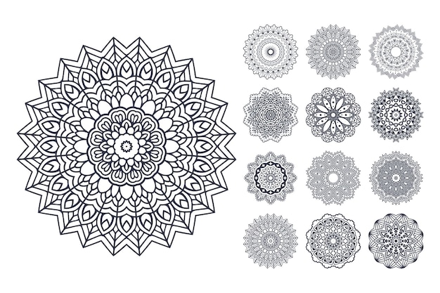 Paquete de arte de línea mandala. vector de página para colorear mandala. patrón de mandala blanco y negro. vector determinado del patrón de flor de mandala. vector de patrón de flores. archivo de corte svg interior de kdp