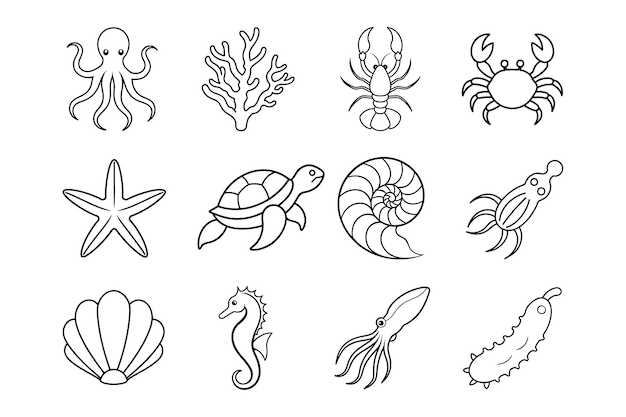 El paquete de arte de línea minimalista de Sea Life