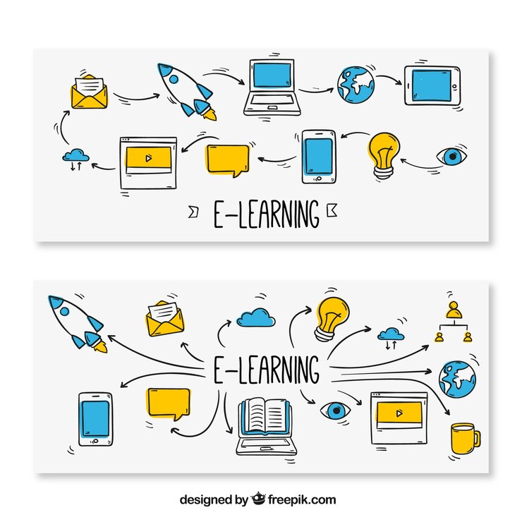 Vector paquete de banners de enseñanza online dibujados a mano