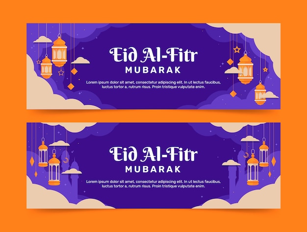 Vector paquete de banners horizontales planos de eid al-fitr