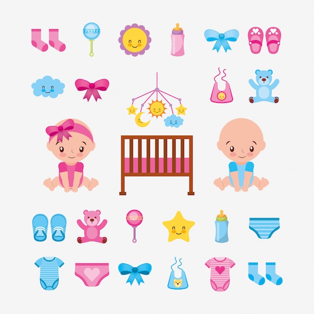 Vector paquete de bebés lindos y accesorios de bebé, diseño de ilustración