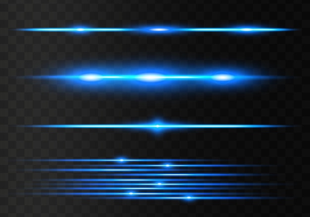 Paquete de bengalas de lente horizontal azul Conjunto abstracto de bengalas de luz rayos láser brillantes forrados Vector