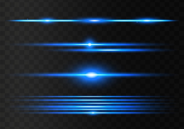 Paquete de bengalas de lente horizontal azul Conjunto abstracto de bengalas de luz rayos láser brillantes forrados Vector