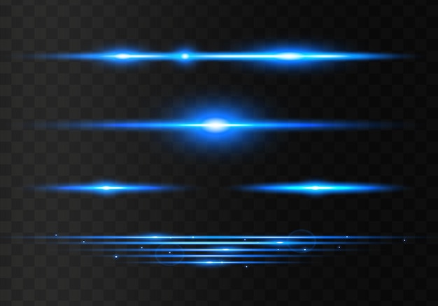 Paquete de bengalas de lente horizontal azul Conjunto abstracto de bengalas de luz rayos láser brillantes forrados Vector