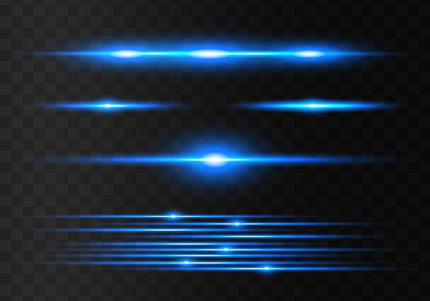 Paquete de bengalas de lente horizontal azul Conjunto abstracto de bengalas de luz rayos láser brillantes forrados Vector