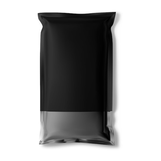 Paquete de bocadillos en blanco de vector de maqueta de bolsa de papel de bolsita negra bolsa de almohada simulacro de aluminio