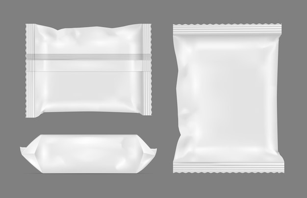 Paquete de bocadillos de papel de aluminio blanco en blanco para chips, dulces y otros productos