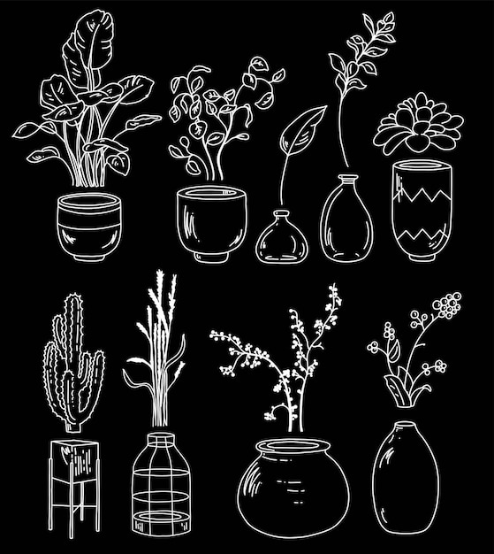 Paquete bohemio de plantas para el hogar Decoración de interiores vector conjunto dibujado a mano Colección de macetas y jarrones de Doodle