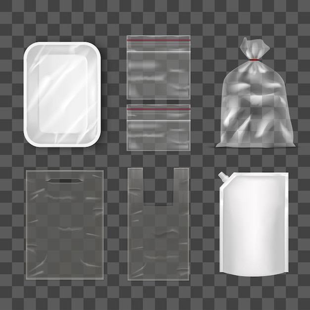 Paquete de bolsa de plástico desechable en fondo transparente Empaque de bolsa de aluminio con tapa, recipiente de plástico para alimentos y bolsillo. Diseño vacío Mock Up ilustración vectorial
