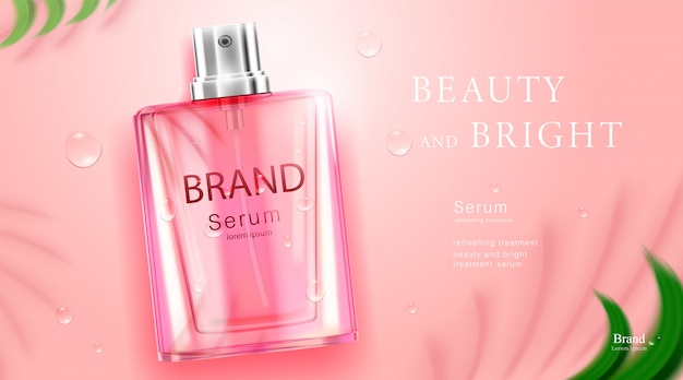 Paquete de botella cosmética de lujo, crema para el cuidado de la piel, póster de productos cosméticos de belleza, con hojas de sombra en la pared y fondo de color rosa