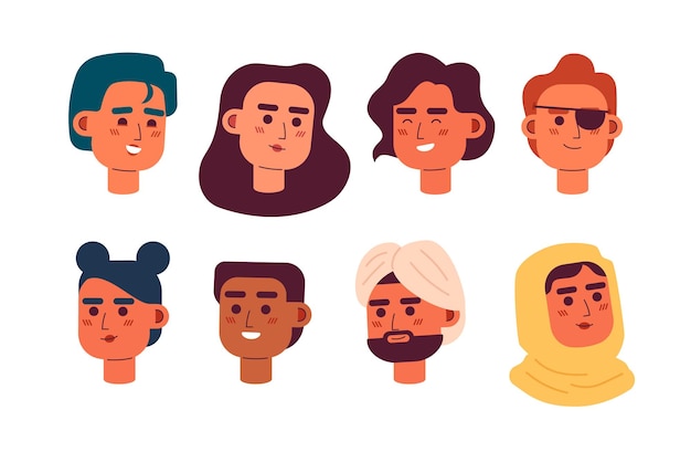 Paquete de cabezas de personajes vectoriales de color semiplano de personas multiculturales Iconos de avatar coloridos Emociones de estilo de dibujos animados editables Paquete de ilustración de punto simple para diseño gráfico web