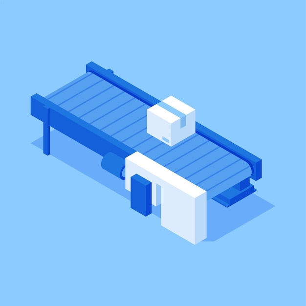 Paquete de caja de cartón en vector isométrico de fabricación de producción de cinta transportadora