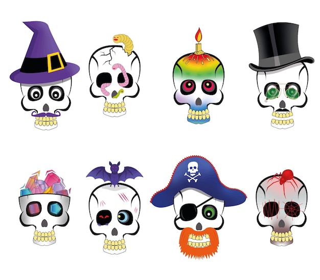 Paquete de calaveras de halloween con vector de dientes amarillos