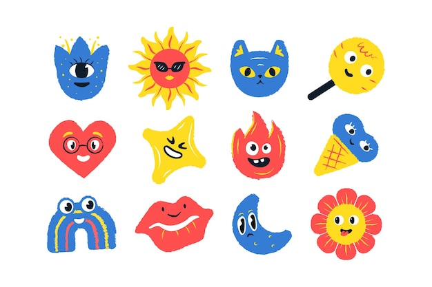 Un paquete de caracteres texturizados multicolores en un estilo infantil primitivo con diferentes emociones Ilustración de garabateo dibujado a mano