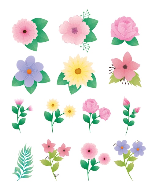 paquete de catorce hermosas flores y hojas de diseño de iconos decorativos