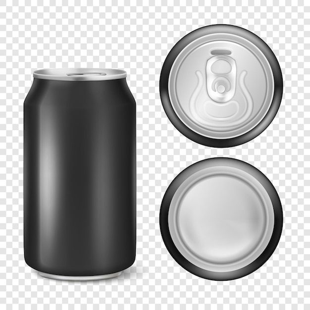 Paquete de cerveza de aluminio negro de metal brillante vacío 3d realista o lata visual 330ml