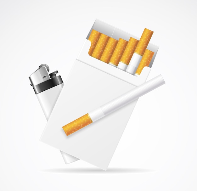 Vector paquete de cigarrillos blanco en blanco de plantilla realista con vector de encendedor de bolsillo