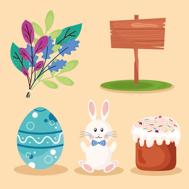 Paquete de cinco felices pascuas set iconos ilustración