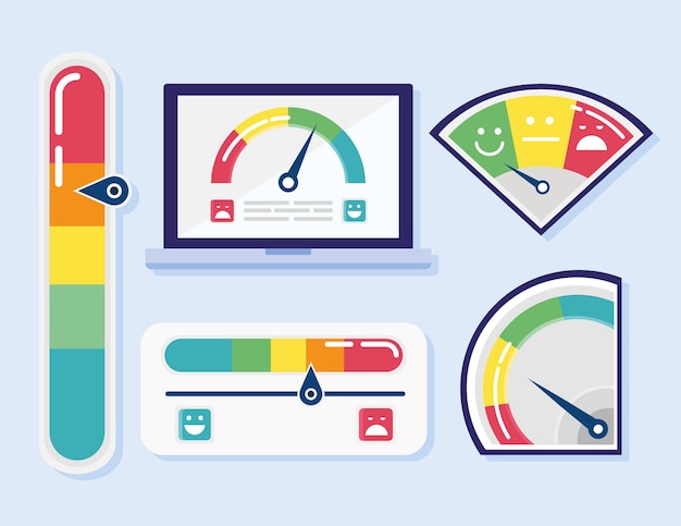 Vector paquete de cinco iconos de conjunto de satisfacción del cliente e ilustración de tableta