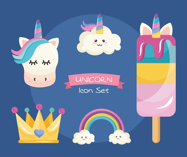 Paquete de cinco iconos de conjunto de unicornio y letras en cinta