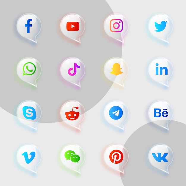 Paquete de colección de iconos transparentes suaves de redes sociales