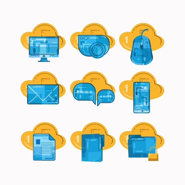 Paquete de colección de nueve iconos de tecnología de dispositivos y computadoras de estilo de dibujos animados