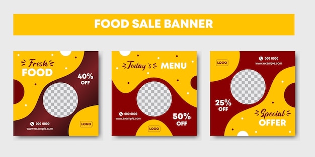 Paquete de colección de publicaciones de redes sociales culinarias de alimentos Fondo amarillo y rojo promoción de venta de alimentos de colores banner cuadrado web plantilla de diseño abstracto Ilustración vectorial con universidad de fotos