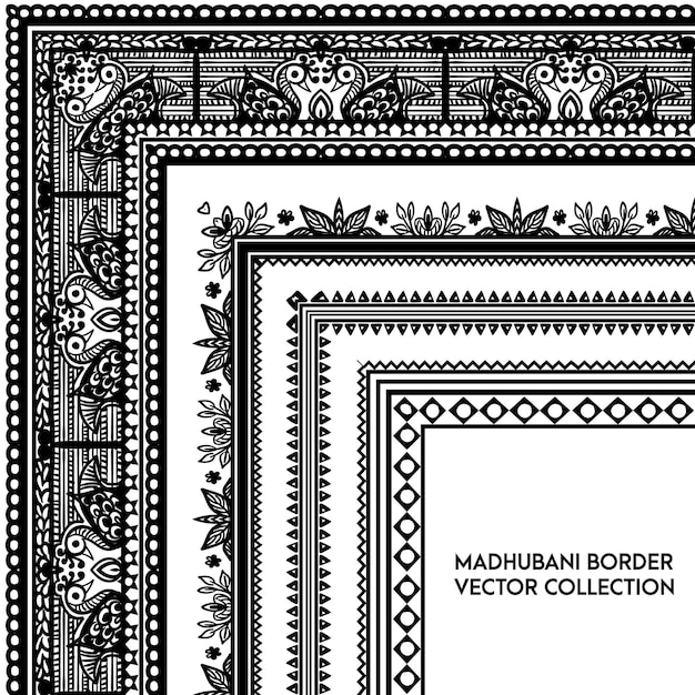 Paquete combinado de pincel de borde de patrón de vector Madhubani