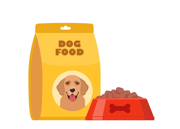 Paquete de comida para perros y cuenco lleno de comida seca Harina para mascotas Ilustración vectorial