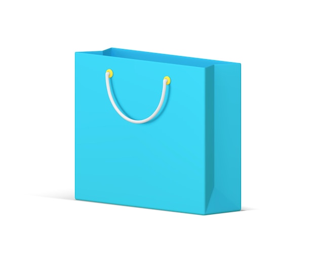 Paquete de compras bolsa de papel azul con manijas para la compra de mercancías que lleva icono 3D vectorial realista