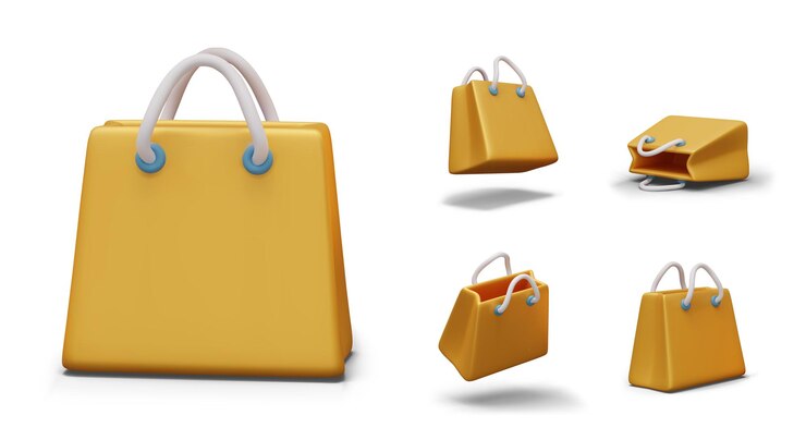Vector paquete de compras realista amarillo bolsa de papel vacía con manijas