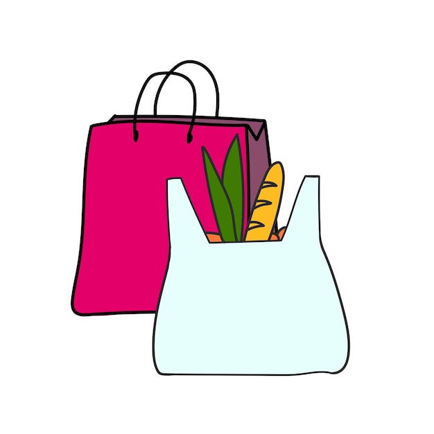 Un paquete con compras de la tienda Imagen en color sobre un fondo blanco en estilo de dibujos animados