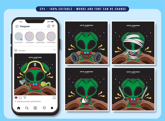 Vector paquete conjunto plantilla de publicación de redes sociales de personaje de dibujos animados lindo alienígena