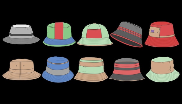 Paquete conjunto de vectores de bloque de color de sombrero de cubo conjunto de sombrero de cubo en un vector de esquema de plantilla de entrenadores de estilo a todo color ilustración